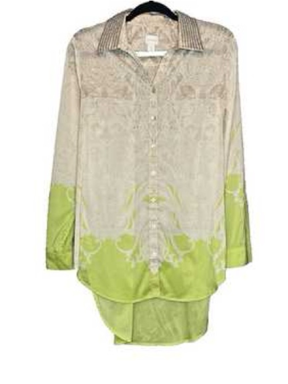 Chico's Long Sleeve Button Front Blouse in Cream and Chartreuse